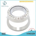 Crystal locket flutuante personalizado feito anéis de aço inoxidável, anéis de prata, jóias anéis